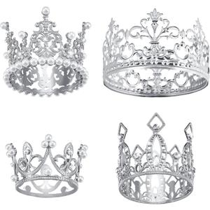 Ferraycle 4 Pieces Silver Crown Cake Topper Birthday Mini Flower Bouquet Crown Cupcake Toppers Crystal Pearl Tiara Wedding Cake Top Hair Ornament for Doll Flower Arrangements Wedding