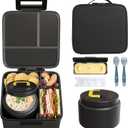 MAISON HUIS Bento Lunch Box with 8oz Soup Thermo and Insulated Lunch Bag, Kids Leakproof Lunch Food Containers with 5 Compartment, Boys Girls Thermo Hot Food Jar for Travel, School, BPA Free (Black)