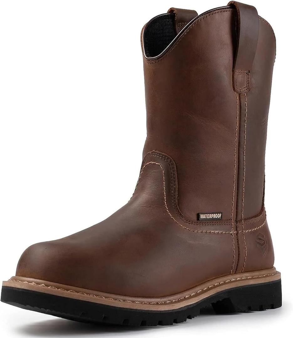 SUREWAY Mens 10 in Soft/Steel Toe Waterproof Wellington Boot,Heavy Duty Pull On Work Boots for Men,Full Grain Leather,Goodyear Welted,Superior Slip Resistant (7)