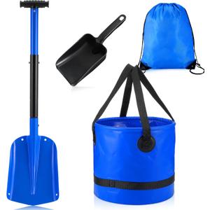 4 Pcs Beach Sand Castle Tools Kit Include Big Collapsible Aluminum Sand Shovel, 16 L Foldable Bucket, Super Scoop and Drawstring Pocket for Adults Summer Build Sandcastles