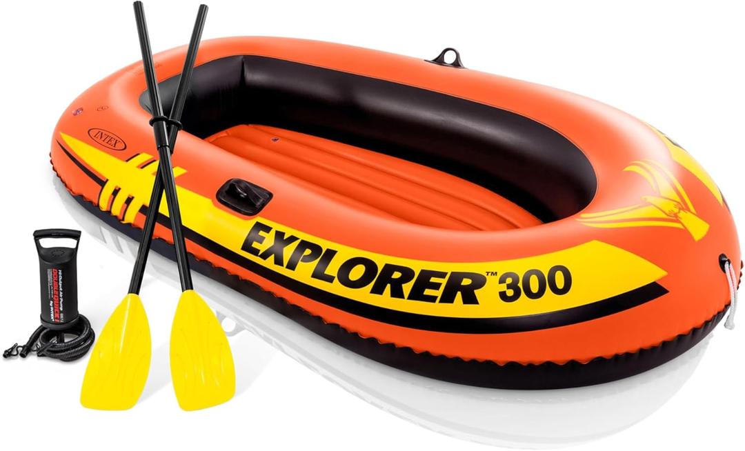 INTEX Explorer Inflatable Boat Series: Dual Air Chambers  Welded Oar Locks  Grab Handles  Bow Rope  Sporty Design (3 Person)