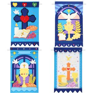HunnmingRe 4 Set First Communion Banner Kits 9 x 14 Inch First Holy Communion Felt Banner Kits DIY Arts and Crafts Kit for Christian Church Holy Ceremony Baptism Party Decoration