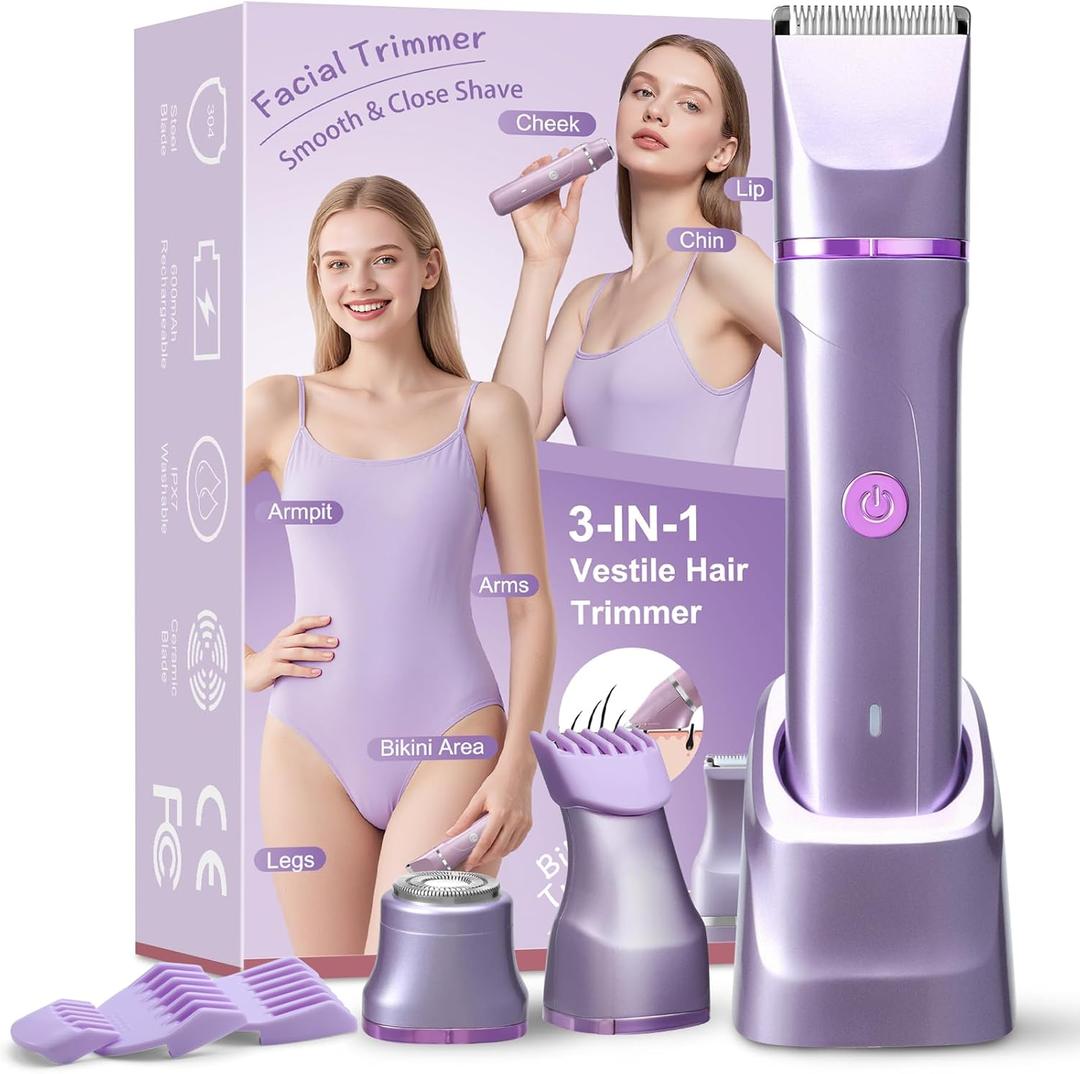 Bikini Trimmer for Women, Electric Razor for Pubic Hair, Women's Foil Shaver,Rechargeable Shaver Removal with Snap-in Ceramic Blades,IP7X Washable Head,Wet and Dry Use,Purple