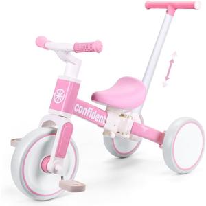 XIAPIA Tricycle for Toddlers 1-3 Year Olds, 5 in 1 Toddler Balance Bike with Removable Pedal, Push Trike Toys with Adjustable Pushrod for 2 3 4 5 Year Old Boys & Girls, Birthday Gifts for Kids (Pink)
