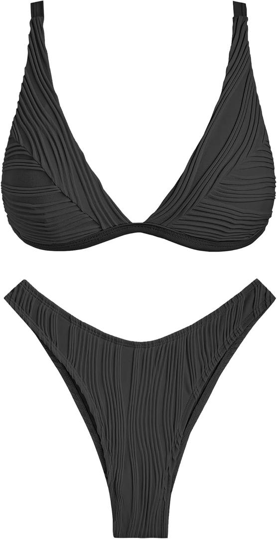 ZAFUL Bikini Sets for Women Triangle Textured Plunging High Cut Cheeky Bikini Swimsuits Two Piece Bathing Suits (Large, Black)