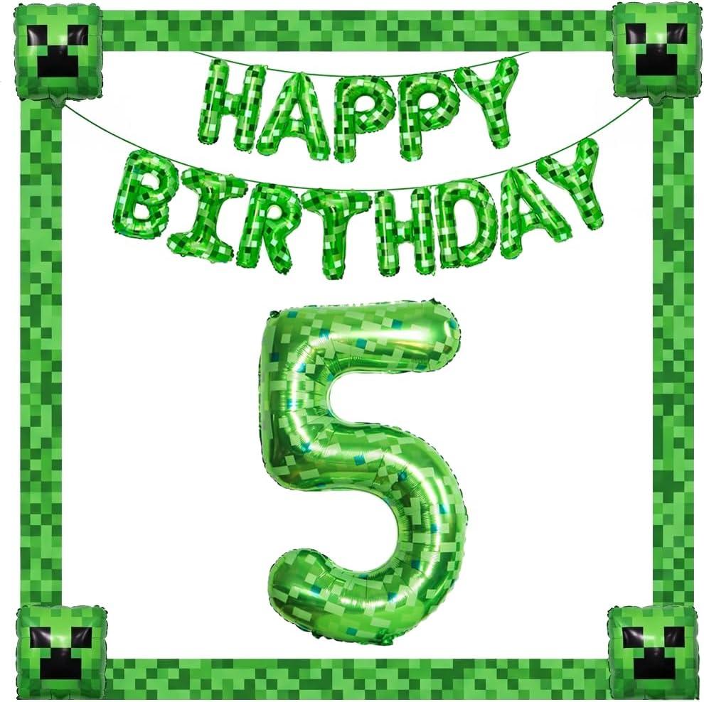 Green Pixel Foil Balloon Set (2pcs)  "Happy Birthday" Letter Banner + 40" Number 5 Balloon  Party Supplies with Matching Rope & Straw, Backdrop Decorations