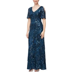 Alex Evenings Women's Long Mother of The Bride Sequin Dress with Cold Shoulder Flutter Sleeves (14 Petite and Regular Sizes)