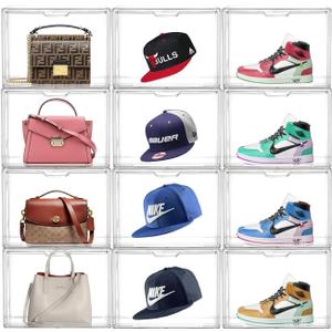 12PCS Acrylic Display Case, Display Cases for Collectibles, Purse Storage Organizer, Clear Acrylic Display Boxes with Lid for Handbags, Shoes, Collectibles, Cosmetic and Toys