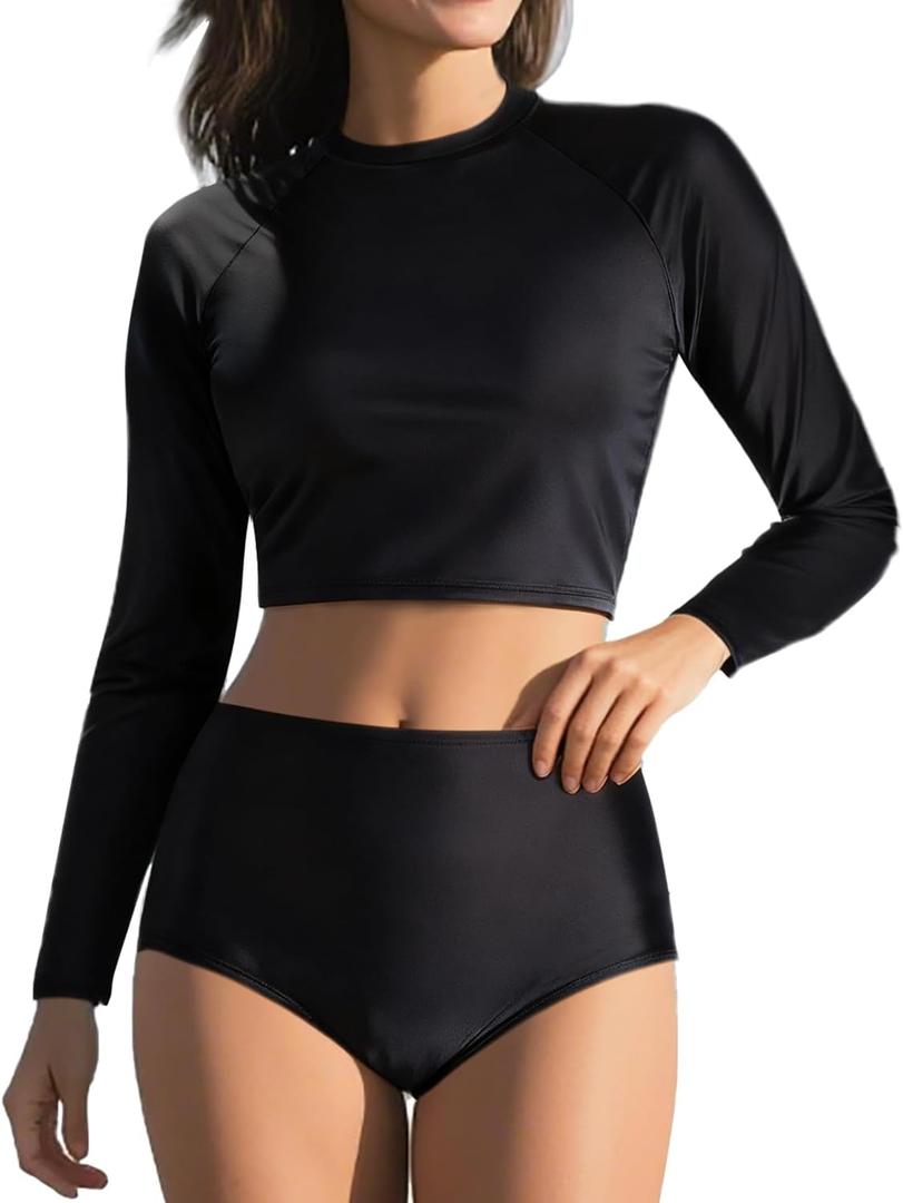 Pinup Fashion Long Sleeve Rash Guard - 2 Piece Swimsuit Bathing Suits with Bottom Swim Top UV UPF 50+ (X-Large, Black)
