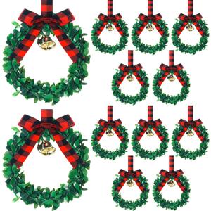 Syhood 12 Pieces 6" Christmas Kitchen Cabinet Wreaths with Ribbon Gold Bells Mini Christmas Wreath Small for Kitchen Window Front Door Xmas Holiday Indoor Home Decor(Red and Black, Fabric)