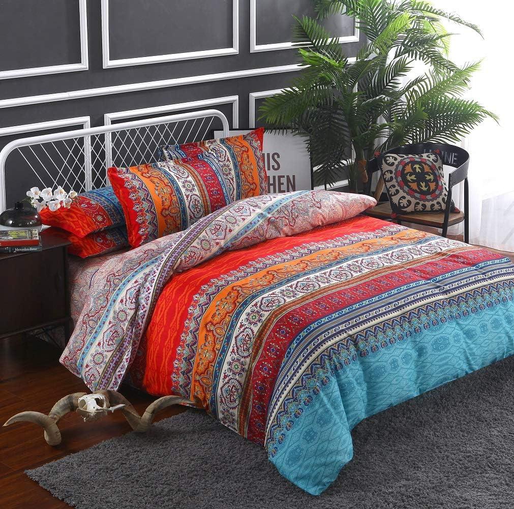 Boho Duvet Cover Twin, 100% Microfiber Ethnic Boho Colorful Bedding Set for Men Women, Blue Yellow Orange Modern Geo Aztec Print Duvet Cover, with Zipper Closure Luxury Soft Durable (Twin, 3pcs) (Twin 68"x90", 0931)