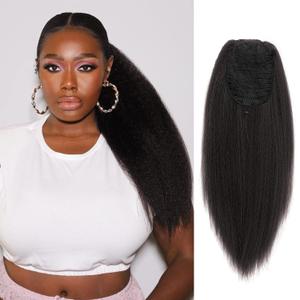 Natural Black Yaki Drawstring Ponytail Extension for Black Women Kinky Staight Up Down Ponytails Synthetic Natural Black (20 Inch)