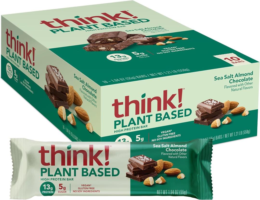 think! Vegan/Plant Based High Protein Bars - Sea Salt Almond Chocolate, 13g Protein, 5g Sugar, No Artificial Sweeteners, Non GMO Project Verified, 10 Count Best Before 08/18/2025