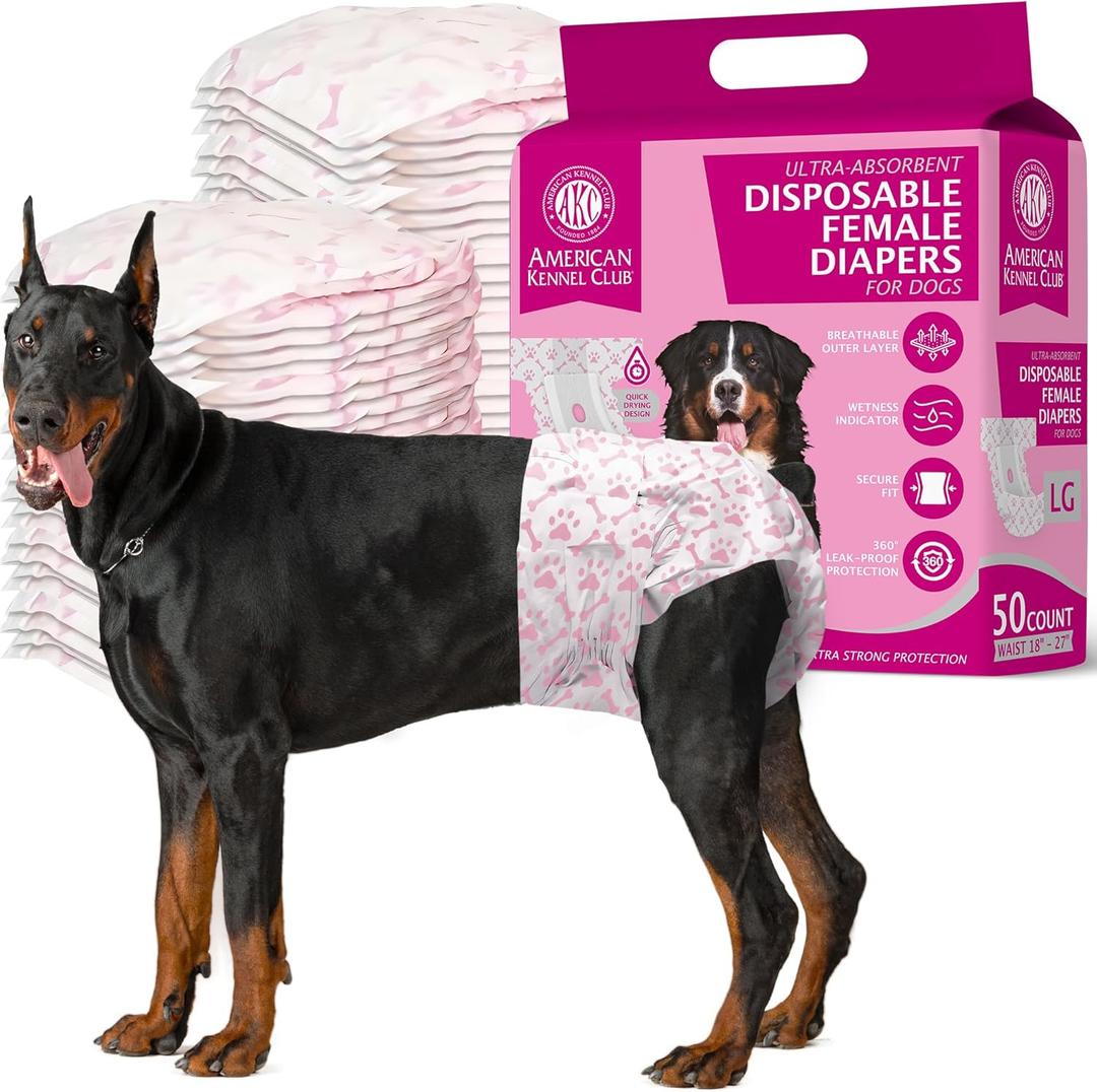 American Kennel Club Female Dog Wrap, Disposable Diapers with Wetness Indicator, Large, 50 Count (LG Waist Size 18 - 27 in)