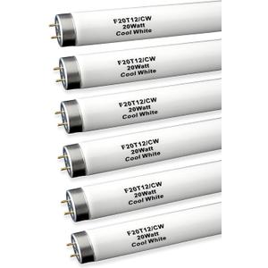 6pack 24 inch F20T12/CW 20W Fluorescent Light Bulb, 2FT 20 Watts 4100K Cool White, T12 Tube Dia 1.5 inch,G13 Base,1200 Lumen High Brightness