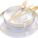 Liacere 150PCS Clear Gold Plastic Plates - Gold Plastic Silverware with Glitter Handle - Clear Disposable Plates Include 30 Guests Plates, Forks, Spoons, Knives for Wedding & Party&Chrismas (Round Style)