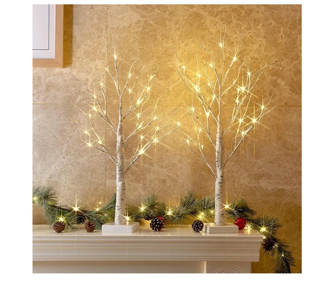 PEIDUO Christmas Decorations Indoor, 2 FT Birch Tree with LED Lights, Fairy Light Spirit Tree for Christmas Decor, Warm White Lighted Birch Trees for Home Decor Indoor, Battery Powered, Timer (2PK)