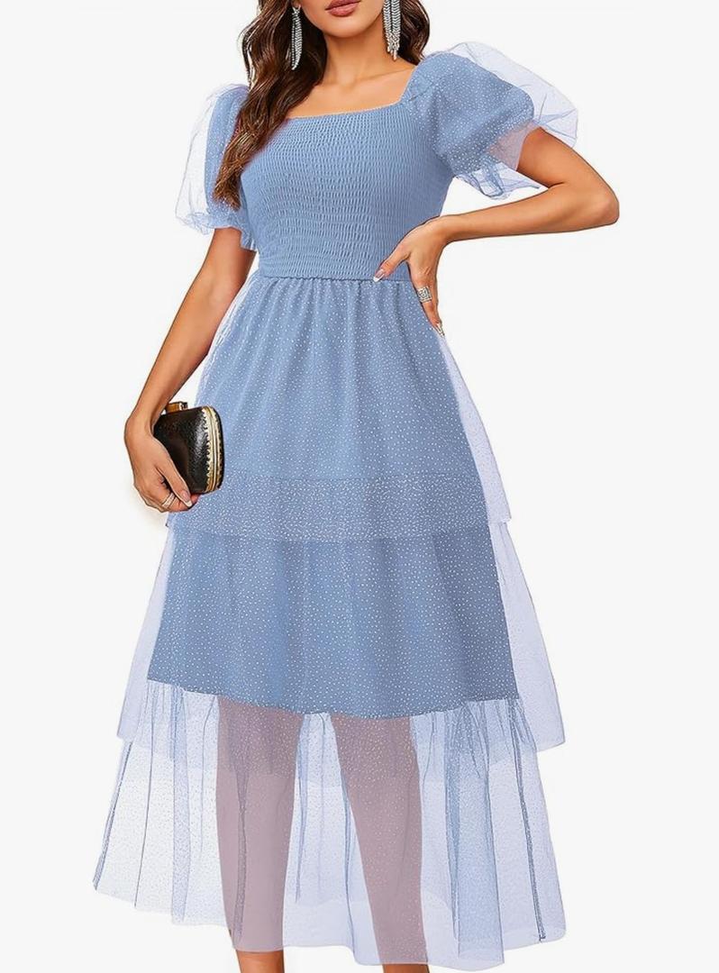 Youtalia Women's Smocked Tulle Midi Dress Tiered Shimmer Square Neck Puffy Sleeve Wedding Evening Party Dresses M