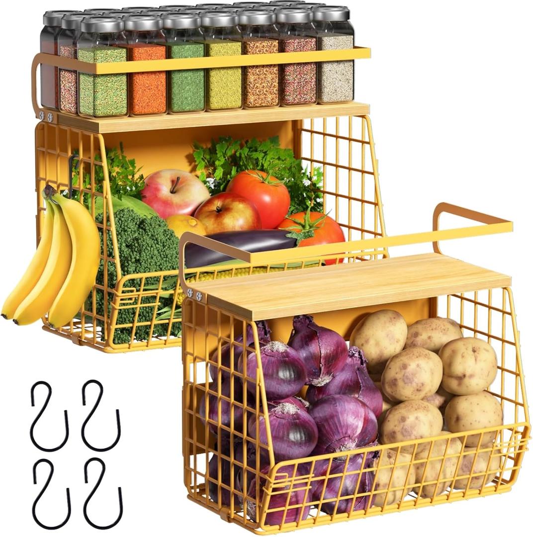 Magnetic Shelf for Fridge with Wood Lid, Fruit Potato and Onion Storage Bins, Pantry Organizers & Storage, Large Container Magnetic Spice Rack for Refrigerator, Kitchen Counter, Cabinet (Yellow, 2)