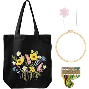 Nuberlic Canvas Tote Bag Embroidery Kit for Beginners Adults -DIY Needlepoint Kit with Floral Pattern Bag Reusable Eco-Friendly Shopping Bag