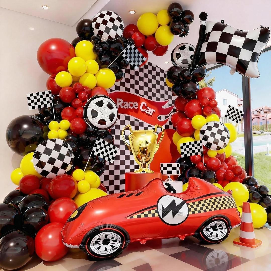 Race Car Balloon Arch Kit, Race Cars Birthday Decorations Party, Red Black Yellow Flag Tire Checkered Balloons Arch Kit, Cars Themed Birthday Party Decorations Supplies