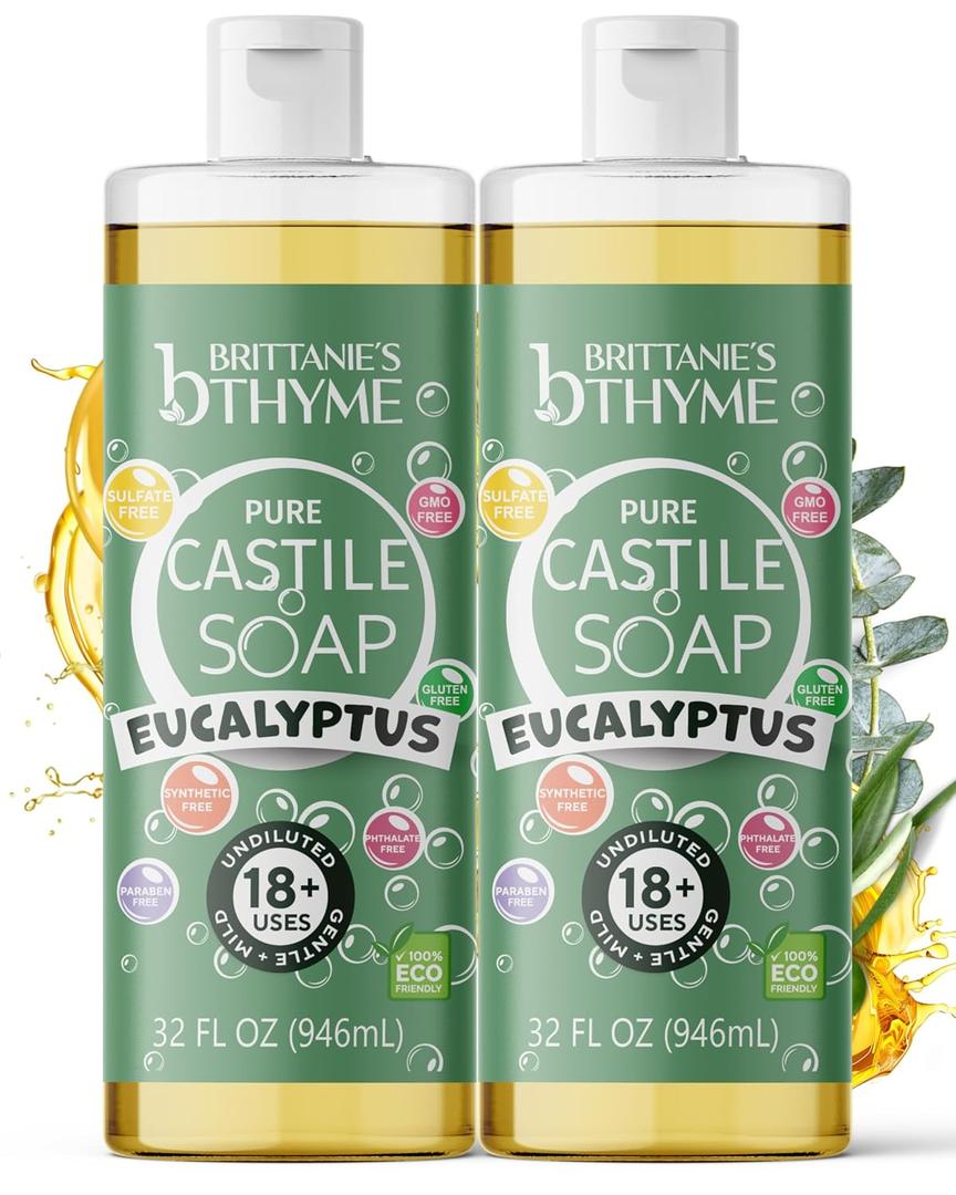 Brittanie's Pure Castile Liquid Soap Eucalyptus  2 Pack (32oz Each) | Natural, Organic, Multi-Purpose Soap for Body, Face, Home & Pets | Vegan, Sulfate-Free, Made in USA