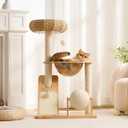 HITTITE Solid Wood Cat Tree Tower with Scratching Post, 36.6 Inches Tall Cat Towers with Scratching Board and Scratcher Ball, Modern Cat Tower With Space Capsule and Hand-Woven Basket for Indoor Cats.
