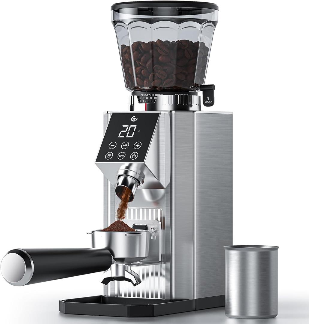 Burr Coffee Grinder with 45 Gind Settings, Anti-Static Conical Burr, Precision Electronic Timer & LED Touchscreen for Espresso/Drip/Cold Brew/French Press, All-Metal Stainless Steel Body, Silver