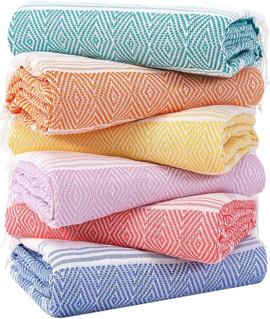 Genovega 6 Packs Oversized Turkish Beach Towels Set Bulk 74"x38" Extra Large Sand Free Quick Dry Swim Bath Camping Pool Towel Travel Blanket Adult Essentials Cruise Accessories Vacation Stuff (Coral Blue Pink Orange Yellow Green)