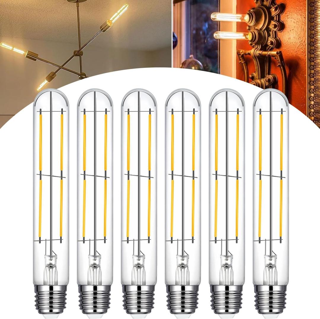7.3 Inch T10 LED Bulb 6W (Equal 60W), Jacqueny 6PCS Dimmable Clear T10 LED E26 High Output 2700K Warm White, No-Flicker Edison T30/T10 Tubular Light Bulb 600LM, Long Lifetime For Wall Sconces, Pendant