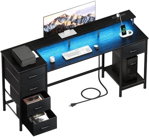 Korfile 55 Inch Computer Gaming Desk with Power Outlets LED Lights, Reversible Home Office Desk with Adjustable Fabric Drawers for Working Writing Study, Black Oak