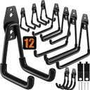 QcoQce 12 Pack Garage Hooks Heavy Duty, Wall Mount Utility Hooks with Extension Cord Straps, Anti-Slip Coating for Bike, Ladder, Hose, Garage Organization, Includes Screws (Black)