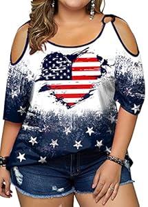 MYHALF Plus Size American Flag Shirt Women 4th of July Shirts Patriotic Cold Shoulder T-Shirt Summer Short Sleeve Tops 3XL