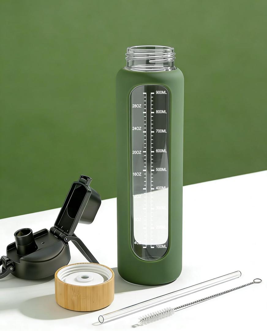 Nefeeko 32 oz Glass Water Bottles with Straw, Motivational Glass Water Bottle with Time Marker, 1 Liter BPA FREE Leakproof Reusable Glass Water Bottle with Silicone Sleeve, Bamboo Lid, Spout Lid
