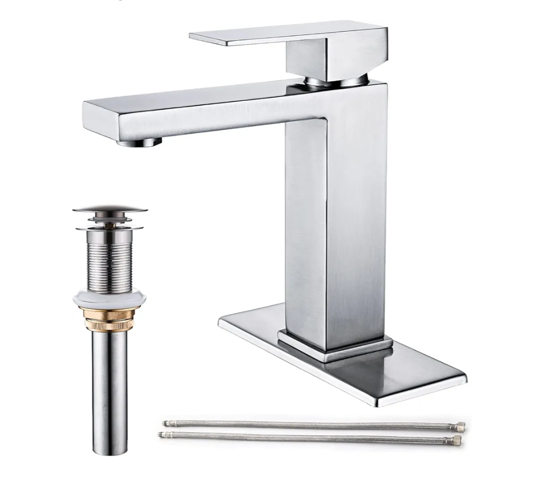 Brushed Nickel Bathroom Faucet, Single Hole Vanity Bath Faucet, Single Handle Modern Stainless Steel Bathroom Faucets for Sink 1 Hole with Pop Up Drain Stopper & Water Supply Hoses
