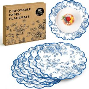 Kochorie Blue Floral Paper Placemats 100 Pack, Disposable Scalloped Table Mats, Blue Vintage Flower Paper Place Mat, 13.5 x 13.5 Inch for Weddings Bridal Showers Party Décor