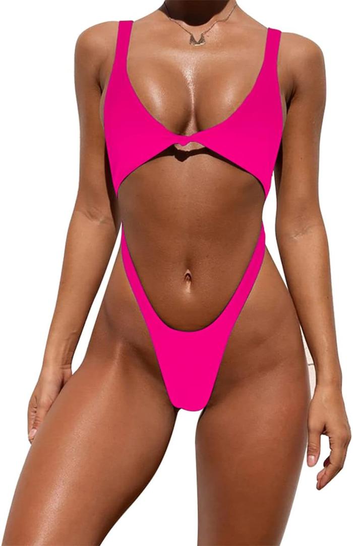 Tainehs Womens Sexy One Piece Bikini Swimsuits High Cut Cheeky Swimwear Thong Bottoms Bathing Swimsuits (Medium, Rose Red)