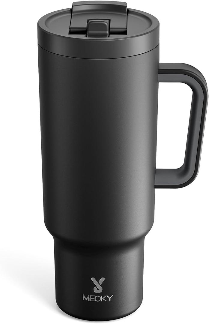 Meoky 40 oz Tumbler with Handle and Flip Straw, 100% Leakproof Tumbler with Lid and Straw, Stainless Steel Insulated Cup, Cupholder Friendly, Keeps Cold for 34 Hours (Night)