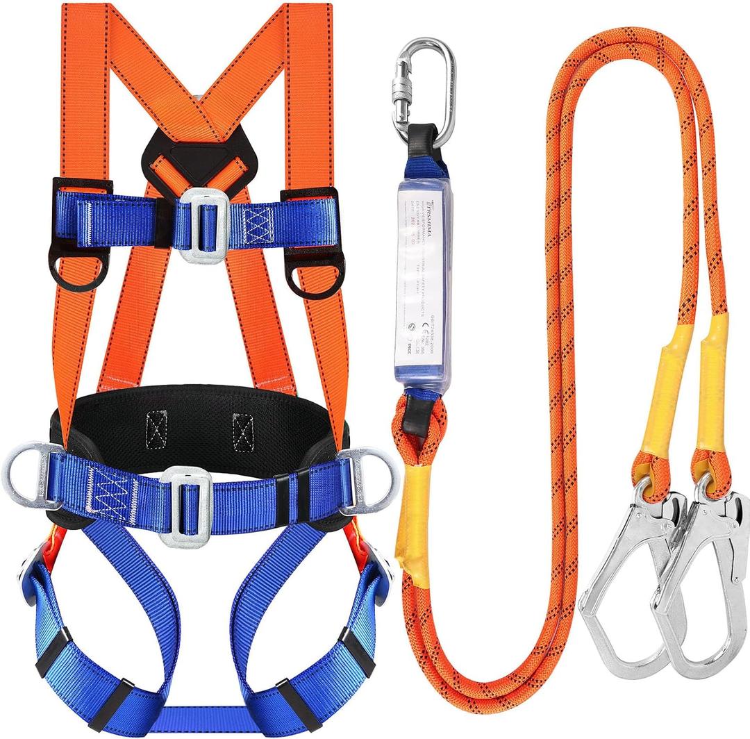 TT TRSMIMA Safety Harness Fall Protection Kit: Full Body Roofing harnesses with Shock Absorbing Lanyard - Updated Comfortable Waist Pad