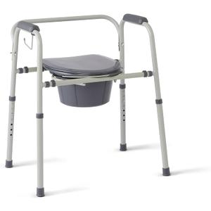 Medline 3-in-1 Steel Adjustable Bedside Commode w/ Microban Protection, Portable Bedside Toilet, 350 lb. Weight Capacity, Removable 7.5 QT. Bucket, Toilet Chair For Elderly, Tool-Free Assembly, Gray