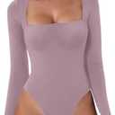 QINSEN Women's Sexy Square Neck Bodysuit Long Sleeve Double Lined Shirt Tops, XS
