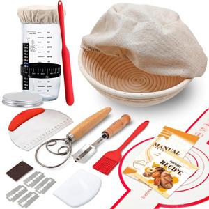 Complete Sourdough Starter Kit, Sourdough Bread Baking Supplies, Banneton Bread Proofing Basket with Sourdough Starter Jar, 9inch Round Bread Proofing Basket, for Bread Baking