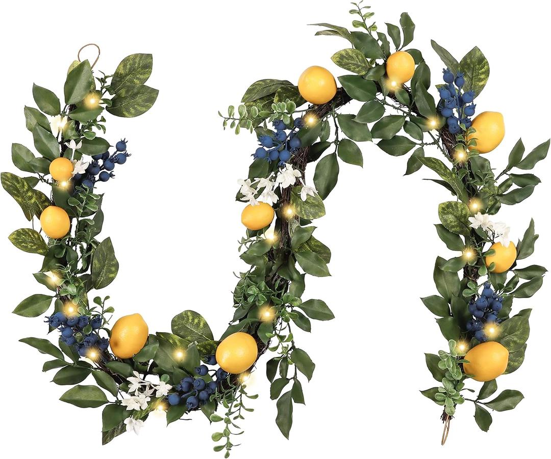 Valery Madelyn 6ft Pre-Lit Lemon Garland with Greenery, Thick Spring Summer Garland for Mantle with Lights, Artificial Fruit Vine for Stairs Fireplace Table, Farmhouse Kitchen Home Wall Party Decor