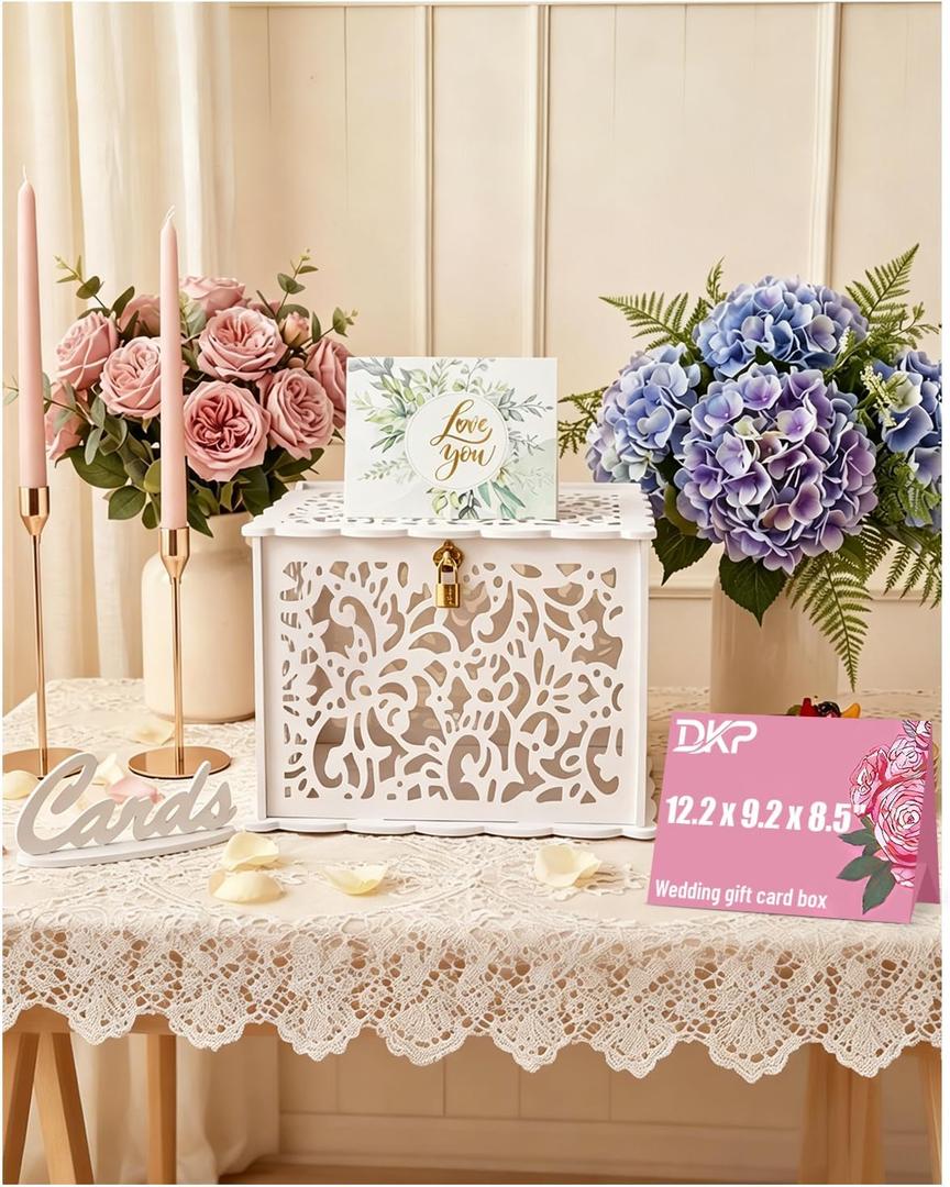White Wedding Card Box for Receptions, Large PVC Gift Card Box for Wedding, Wedding Card Box with Lock, Cash Envelope Box for Wedding Anniversary Bridal Baby Showers Graduation Birthday Party Decor