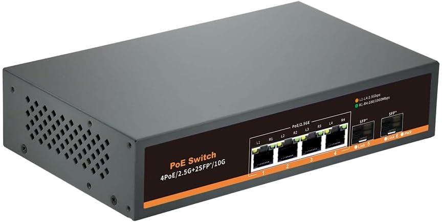 2.5G Unmanaged PoE Switch with 4 x 2.5G Base-T Ports and 2 x 10G SFP+ Uplink Ports, 75W 802.3af/at, 100/1000/2500Mbps Compatible, Fanless Metal, Plug and Play, 2.5Gb Power Over Ethernet Switch
