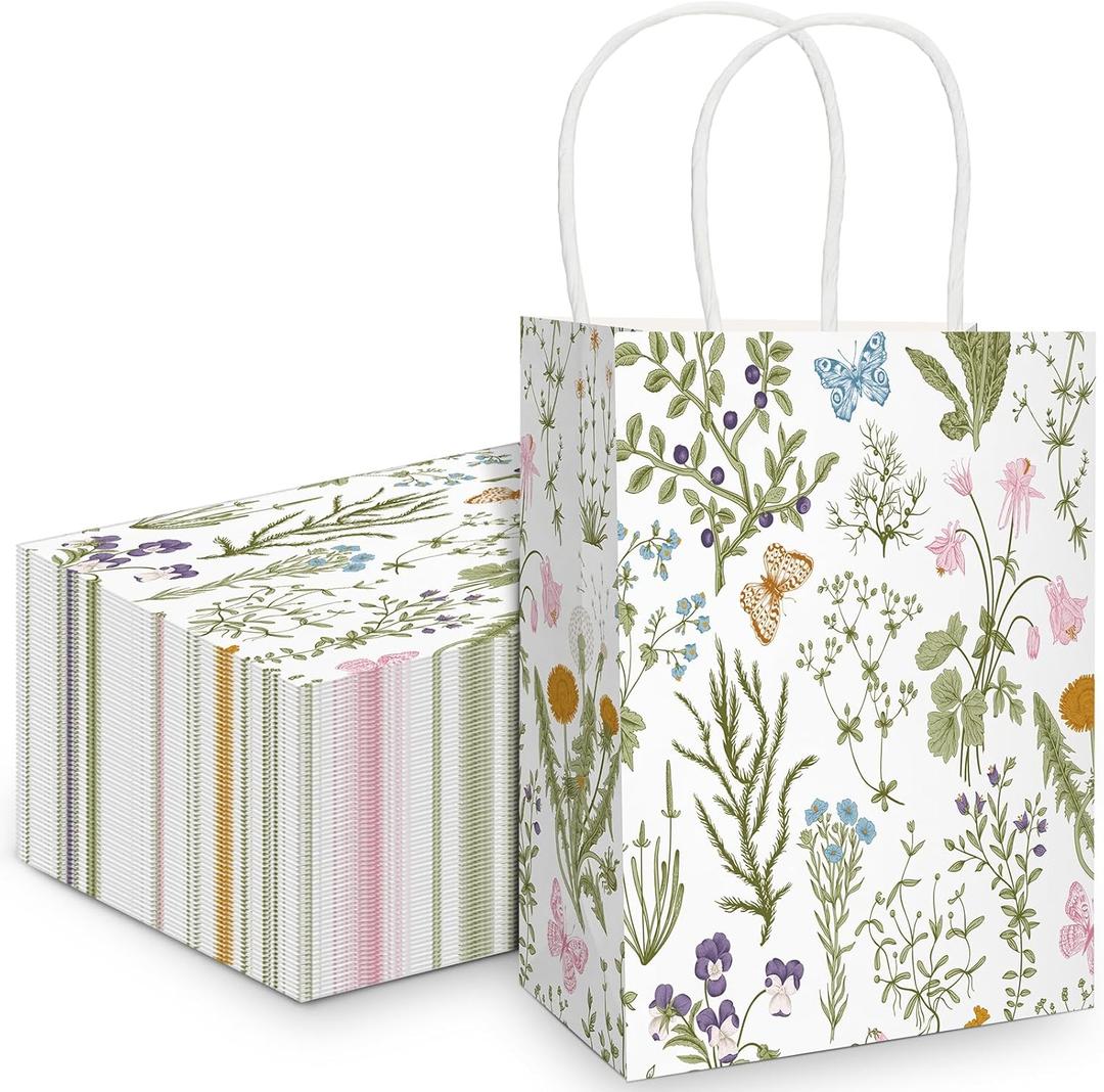 Cholemy 50 Pieces Wildflower Gift Bags Floral Butterfly Kraft Paper Tote Bags with Handles for Wedding Bridal Shower Bachelorette Birthday Baby Shower Party, 5.91 x 3.15 x 8.27 Inches (Black)