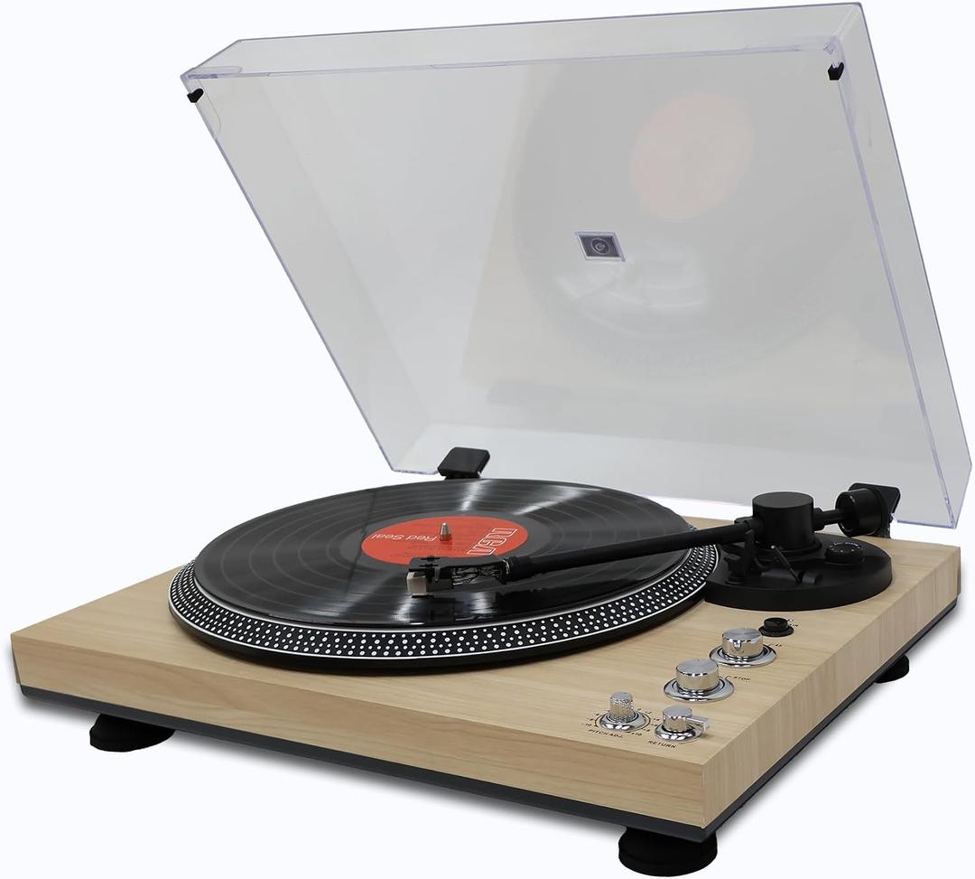 Retro Vinyl Record Player, Fully‑Automatic Belt‑Driven Turntable with BT Wireless, 33/45 RPM Speeds, Auto‑Repeat Function, Hi‑Fi, Anti‑Skate, Dust Cover, Anti-Resonance, RCA Outputs, White