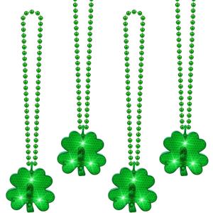 YAXINRUI 4pcs Light Up Shamrocks Beads Necklaces, St. Patrick's Day Accessories - Led Metallic Green Bead Clovers for Irish Party Favor Supplies