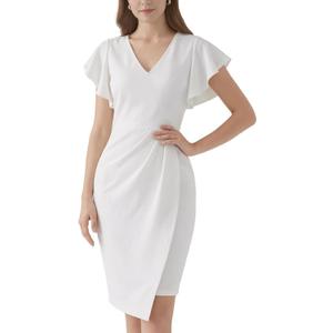 Women Wear to Work Dress Ruffle Ruched Church Bodycon Short Sleeve V- Neck Cocktail Sheath Midi Dresses (Small, Solid White)