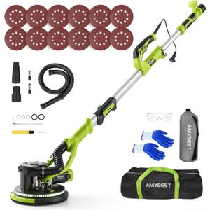 AMYBEST Drywall Sander, Powerful Electric Drywall Sander with Vacuum Dust Collection, 5 Speed 1000-2100 RPM, Popcorn Ceiling Remover, LED Light & 12 Sanding Discs, Extendable Handle (GREEN)